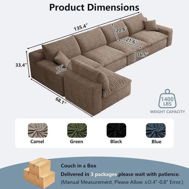 Alt view image 6 of 7 - 136" Oversized Cloud Sectional Couch with L-Shaped Chaise,5-Seater Corduroy Viral Boneless Sofa,Memory Foam Couches in a Box with Deep Seat for Living Room,No Assembly Required,Camel