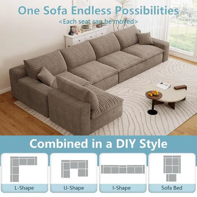 Alt view image 4 of 7 - 136" Oversized Cloud Sectional Couch with L-Shaped Chaise,5-Seater Corduroy Viral Boneless Sofa,Memory Foam Couches in a Box with Deep Seat for Living Room,No Assembly Required,Camel