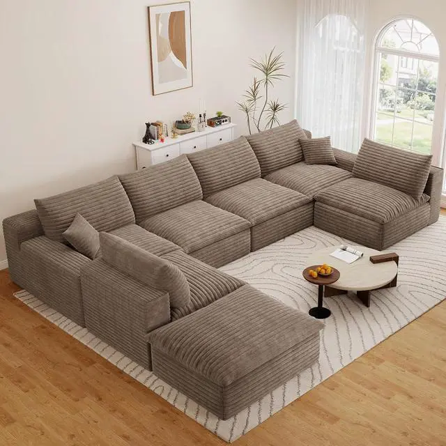 Main image of 136" Cloud Sectional Couch with U-Shaped Chaise,6-Seater Corduroy Viral Boneless Sofa with Ottoman,Memory Foam Couches in a Box with Deep Seat for Living Room,No Assembly Required, Camel