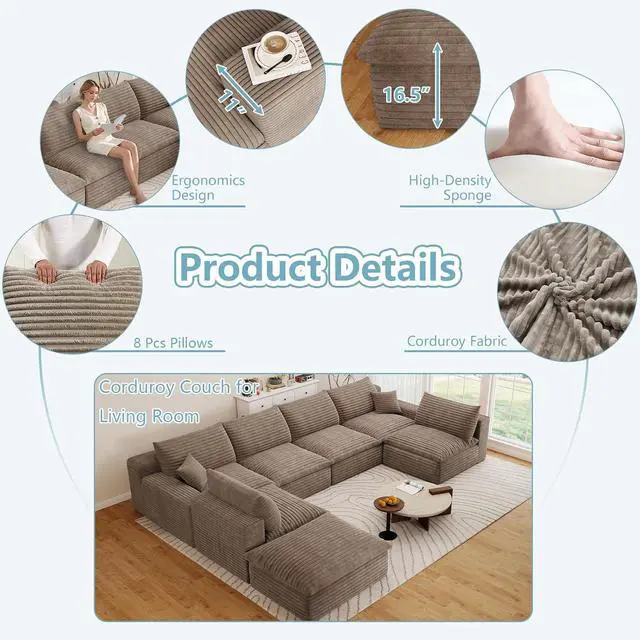 Alt view image 4 of 7 - 136" Cloud Sectional Couch with U-Shaped Chaise,6-Seater Corduroy Viral Boneless Sofa with Ottoman,Memory Foam Couches in a Box with Deep Seat for Living Room,No Assembly Required, Camel