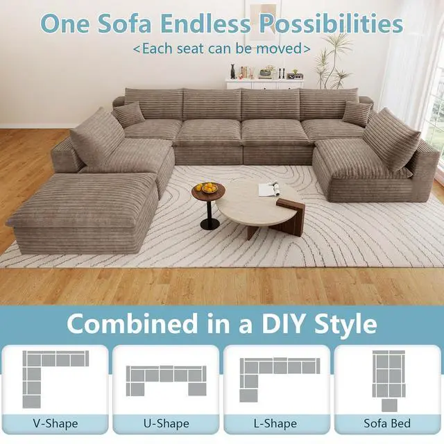 Alt view image 3 of 7 - 136" Cloud Sectional Couch with U-Shaped Chaise,6-Seater Corduroy Viral Boneless Sofa with Ottoman,Memory Foam Couches in a Box with Deep Seat for Living Room,No Assembly Required, Camel