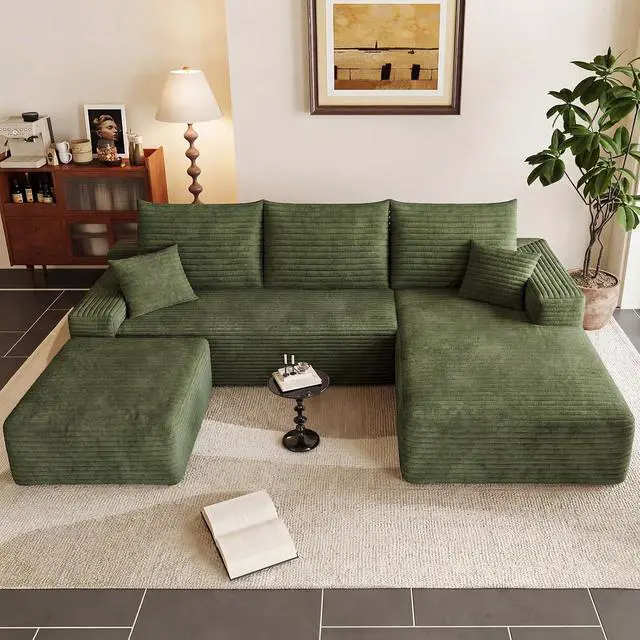 Alt view image 6 of 7 - 95" Cloud Sectional Couch with Ottoman,Modern U-Shaped Cloud Couch with Deep Seat,Comfy Corduroy 3-Seater Sofa,Memory Foam Sofa for Living Room,No Assembly (Green,Right-Facing Chaise)