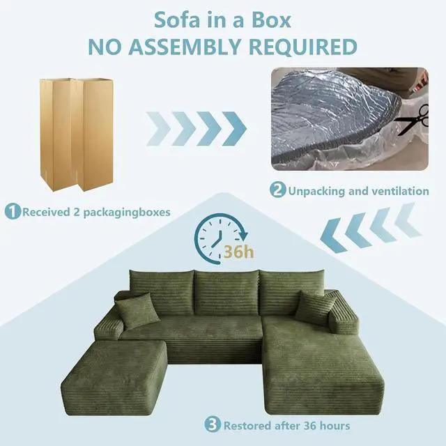 Alt view image 7 of 7 - 95" Cloud Sectional Couch with Ottoman,Modern U-Shaped Cloud Couch with Deep Seat,Comfy Corduroy 3-Seater Sofa,Memory Foam Sofa for Living Room,No Assembly (Green,Right-Facing Chaise)