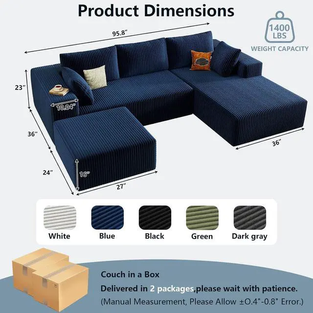Alt view image 2 of 6 - 96" W Cloud Sectional Couch with Ottoman,Modern U-Shaped Cloud Couch with Deep Seat,Comfy Corduroy 3-Seater Sofa,Memory Foam Sofa for Living Room,No Assembly (Blue,Right-Facing Chaise)