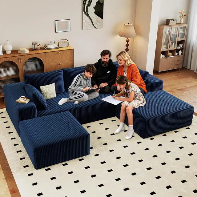 Main image of 96" W Cloud Sectional Couch with Ottoman,Modern U-Shaped Cloud Couch with Deep Seat,Comfy Corduroy 3-Seater Sofa,Memory Foam Sofa for Living Room,No Assembly (Blue,Right-Facing Chaise)