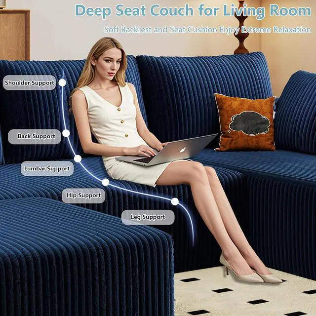 Alt view image 3 of 6 - 96" W Cloud Sectional Couch with Ottoman,Modern U-Shaped Cloud Couch with Deep Seat,Comfy Corduroy 3-Seater Sofa,Memory Foam Sofa for Living Room,No Assembly (Blue,Right-Facing Chaise)