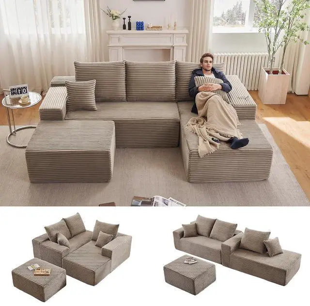 Main image of 96" W Cloud Sectional Couch with Ottoman,Modern U-Shaped Cloud Couch with Deep Seat,Comfy Corduroy 3-Seater Sofa,Memory Foam Sofa for Living Room,No Assembly (Camel,Right-Facing Chaise)