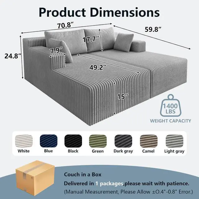 Alt view image 2 of 7 - 71"Oversized Chaise Lounge Chair,Sectional Double Lounge Chaise with Pillows,Upholstered Corduroy Boneless Lounge Chair,Fluffy Modern Loveseat Sleeper Sofa for Living Room &Bedroom(Light Grey)
