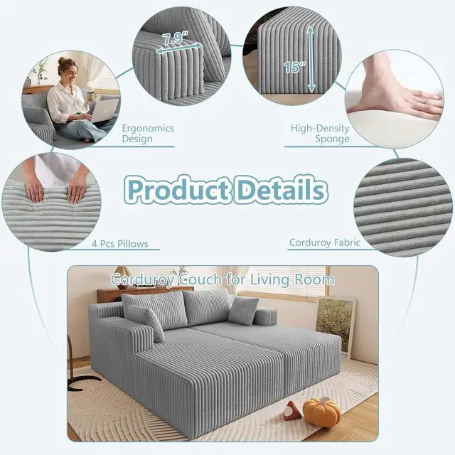 Alt view image 4 of 7 - 71"Oversized Chaise Lounge Chair,Sectional Double Lounge Chaise with Pillows,Upholstered Corduroy Boneless Lounge Chair,Fluffy Modern Loveseat Sleeper Sofa for Living Room &Bedroom(Light Grey)