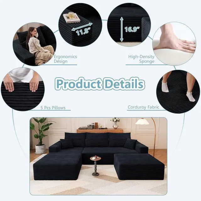 Alt view image 4 of 7 - 107" U Shaped Cloud Sectional Couch with Fluffy Corduroy, Deep Memory Foam Seats Sofa with 1 Ottoman for Living Room, No Assembly Required(Black,Left-Facing Chaise)