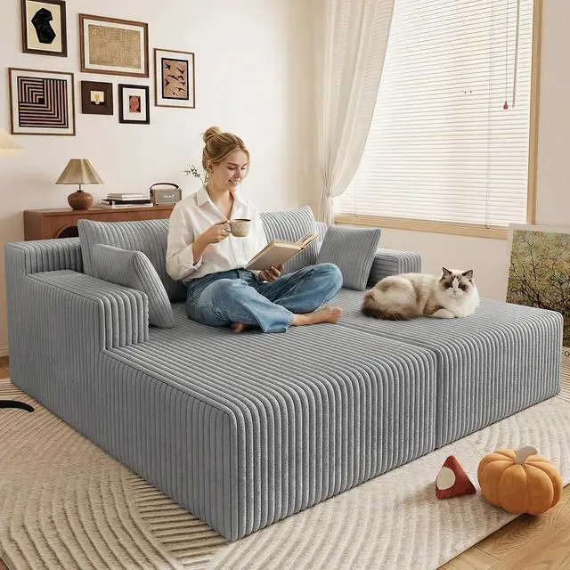 Alt view image 5 of 7 - 71"Oversized Chaise Lounge Chair,Sectional Double Lounge Chaise with Pillows,Upholstered Corduroy Boneless Lounge Chair,Fluffy Modern Loveseat Sleeper Sofa for Living Room &Bedroom(Light Grey)