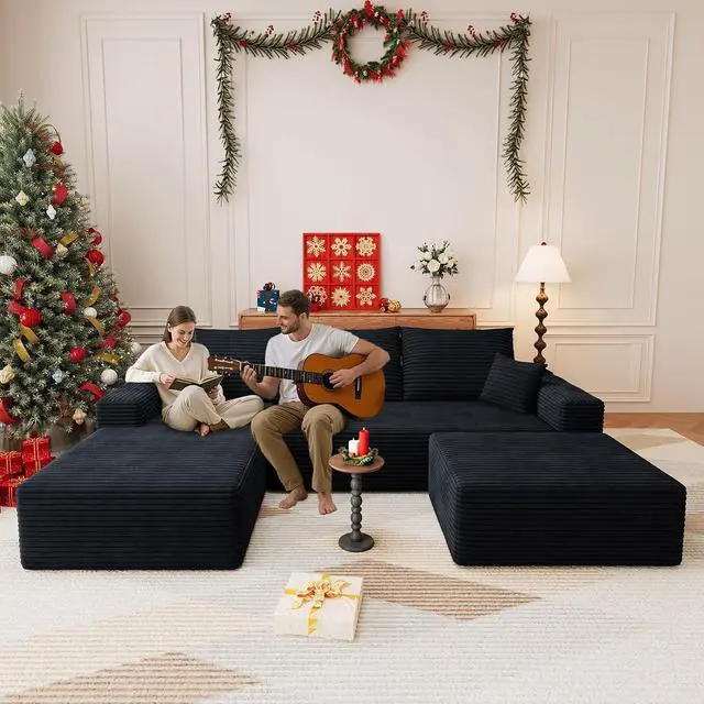Alt view image 3 of 7 - 107" U Shaped Cloud Sectional Couch with Fluffy Corduroy, Deep Memory Foam Seats Sofa with 1 Ottoman for Living Room, No Assembly Required(Black,Left-Facing Chaise)