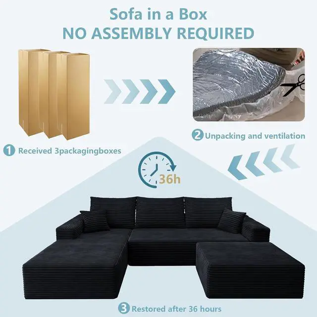 Alt view image 6 of 7 - 107" U Shaped Cloud Sectional Couch with Fluffy Corduroy, Deep Memory Foam Seats Sofa with 1 Ottoman for Living Room, No Assembly Required(Black,Left-Facing Chaise)