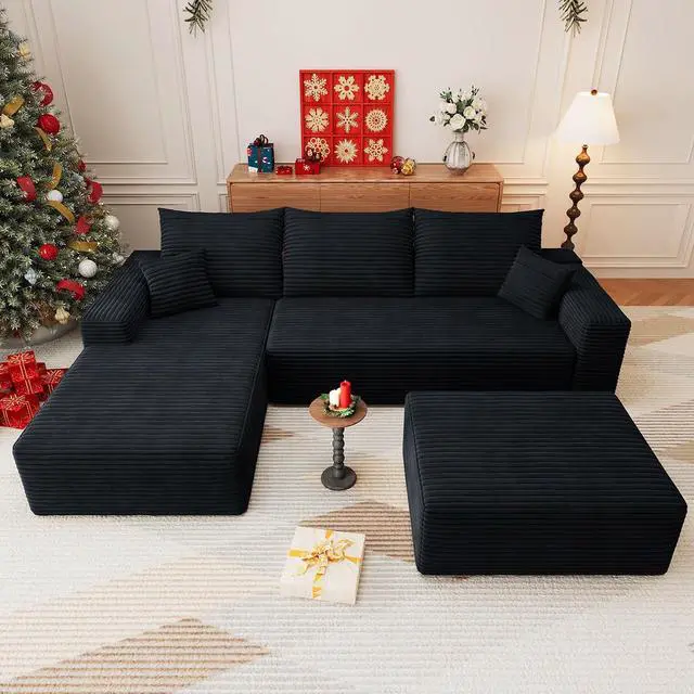Alt view image 5 of 7 - 107" U Shaped Cloud Sectional Couch with Fluffy Corduroy, Deep Memory Foam Seats Sofa with 1 Ottoman for Living Room, No Assembly Required(Black,Left-Facing Chaise)