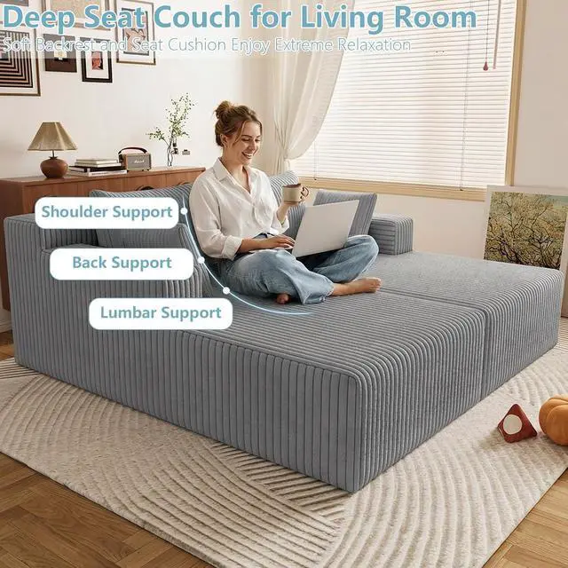 Alt view image 6 of 7 - 71"Oversized Chaise Lounge Chair,Sectional Double Lounge Chaise with Pillows,Upholstered Corduroy Boneless Lounge Chair,Fluffy Modern Loveseat Sleeper Sofa for Living Room &Bedroom(Light Grey)
