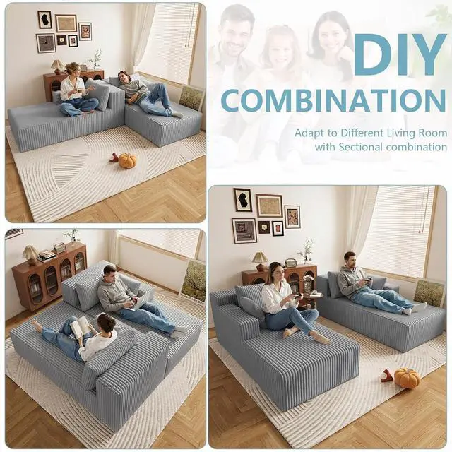 Alt view image 3 of 7 - 71"Oversized Chaise Lounge Chair,Sectional Double Lounge Chaise with Pillows,Upholstered Corduroy Boneless Lounge Chair,Fluffy Modern Loveseat Sleeper Sofa for Living Room &Bedroom(Light Grey)
