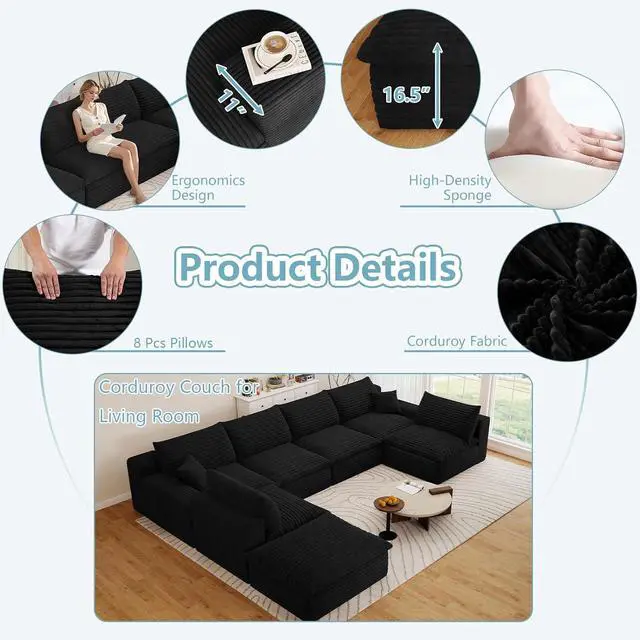 Alt view image 4 of 7 - 136" Cloud Sectional Couch with U-Shaped Chaise,6-Seater Corduroy Viral Boneless Sofa with Ottoman,Memory Foam Couches in a Box with Deep Seat for Living Room,No Assembly Required, Black