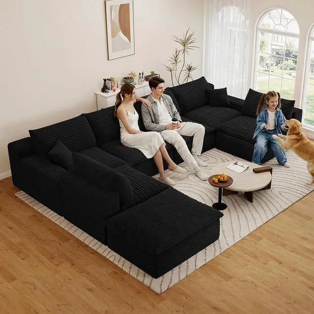Alt view image 3 of 7 - 136" Cloud Sectional Couch with U-Shaped Chaise,6-Seater Corduroy Viral Boneless Sofa with Ottoman,Memory Foam Couches in a Box with Deep Seat for Living Room,No Assembly Required, Black