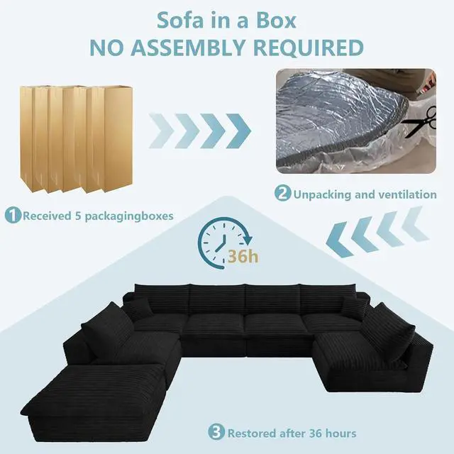 Alt view image 7 of 7 - 136" Cloud Sectional Couch with U-Shaped Chaise,6-Seater Corduroy Viral Boneless Sofa with Ottoman,Memory Foam Couches in a Box with Deep Seat for Living Room,No Assembly Required, Black