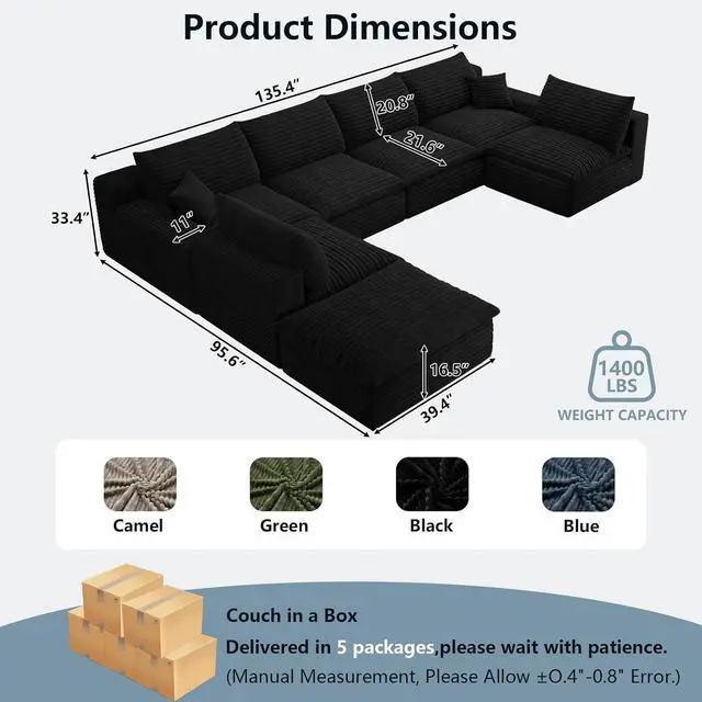 Alt view image 6 of 7 - 136" Cloud Sectional Couch with U-Shaped Chaise,6-Seater Corduroy Viral Boneless Sofa with Ottoman,Memory Foam Couches in a Box with Deep Seat for Living Room,No Assembly Required, Black