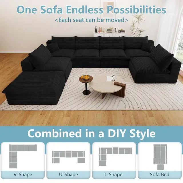 Alt view image 5 of 7 - 136" Cloud Sectional Couch with U-Shaped Chaise,6-Seater Corduroy Viral Boneless Sofa with Ottoman,Memory Foam Couches in a Box with Deep Seat for Living Room,No Assembly Required, Black