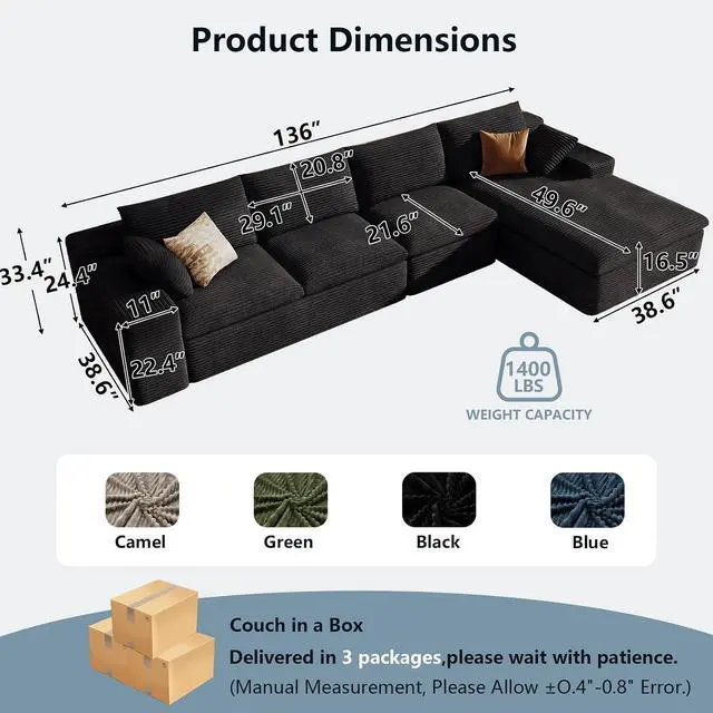 Alt view image 2 of 7 - 136" Cloud Sectional Couch with L-Shape Chaise, Modern Corduroy Viral Boneless Sofa for Living Room,Memory Foam Couches in a Box with Deep Seat,No Assembly Required (Black,Right-Facing Chaise)