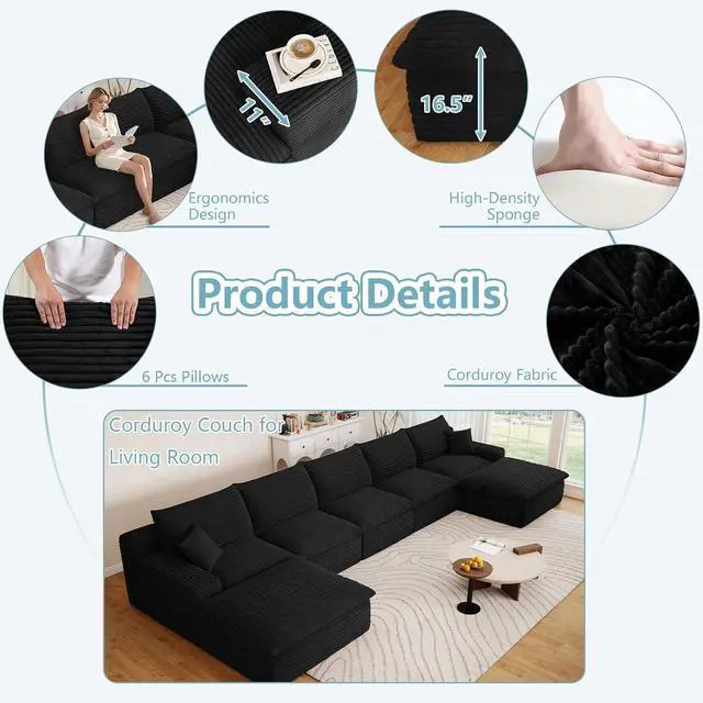 Alt view image 4 of 7 - 165" Oversized Cloud Sectional Couch with U-Shaped Chaise,7-Seater Corduroy Viral Boneless Sofa,Memory Foam Couches in a Box with Deep Seat for Living Room,No Assembly Required, Black