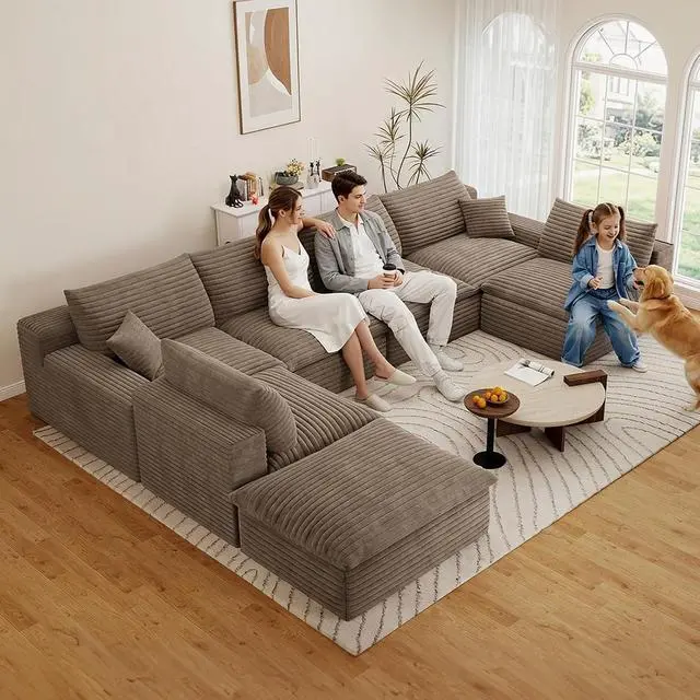 Alt view image 5 of 7 - 136" Cloud Sectional Couch with U-Shaped Chaise,6-Seater Corduroy Viral Boneless Sofa with Ottoman,Memory Foam Couches in a Box with Deep Seat for Living Room,No Assembly Required, Camel