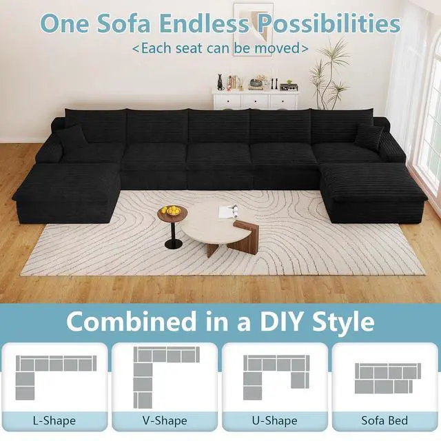 Alt view image 5 of 7 - 165" Oversized Cloud Sectional Couch with U-Shaped Chaise,7-Seater Corduroy Viral Boneless Sofa,Memory Foam Couches in a Box with Deep Seat for Living Room,No Assembly Required, Black