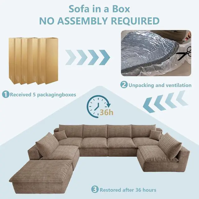 Alt view image 7 of 7 - 136" Cloud Sectional Couch with U-Shaped Chaise,6-Seater Corduroy Viral Boneless Sofa with Ottoman,Memory Foam Couches in a Box with Deep Seat for Living Room,No Assembly Required, Camel