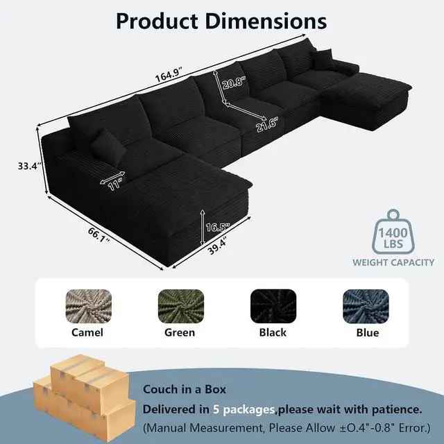 Alt view image 6 of 7 - 165" Oversized Cloud Sectional Couch with U-Shaped Chaise,7-Seater Corduroy Viral Boneless Sofa,Memory Foam Couches in a Box with Deep Seat for Living Room,No Assembly Required, Black