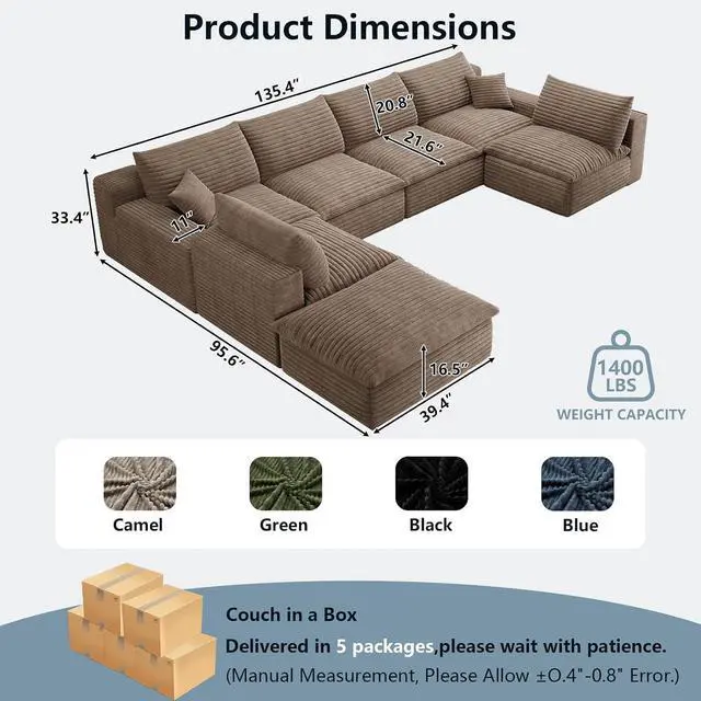 Alt view image 6 of 7 - 136" Cloud Sectional Couch with U-Shaped Chaise,6-Seater Corduroy Viral Boneless Sofa with Ottoman,Memory Foam Couches in a Box with Deep Seat for Living Room,No Assembly Required, Camel