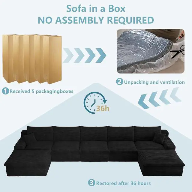 Alt view image 7 of 7 - 165" Oversized Cloud Sectional Couch with U-Shaped Chaise,7-Seater Corduroy Viral Boneless Sofa,Memory Foam Couches in a Box with Deep Seat for Living Room,No Assembly Required, Black