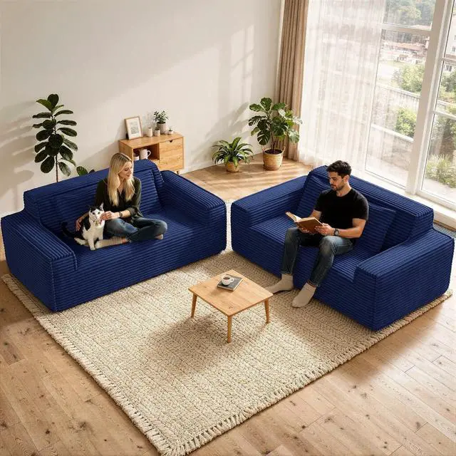 Alt view image 3 of 7 - 75'' Modern Cloud Loveseat Sofa Set of 2, No Assembly Required Comfy Deep Seat Couches 2 pcs for Living Room, Bedroom, Apartment (Corduroy-Blue)