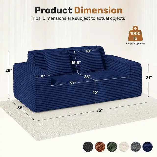 Alt view image 2 of 7 - 75'' Modern Cloud Loveseat Sofa Set of 2, No Assembly Required Comfy Deep Seat Couches 2 pcs for Living Room, Bedroom, Apartment (Corduroy-Blue)