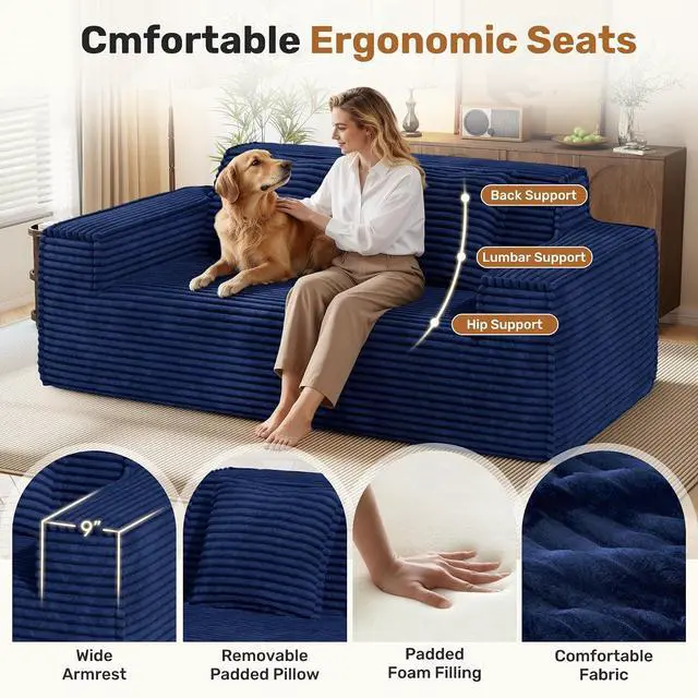Alt view image 5 of 7 - 75'' Modern Cloud Loveseat Sofa Set of 2, No Assembly Required Comfy Deep Seat Couches 2 pcs for Living Room, Bedroom, Apartment (Corduroy-Blue)