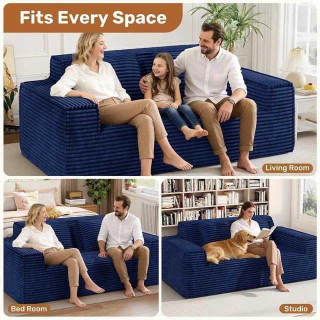 Alt view image 6 of 7 - 75'' Modern Cloud Loveseat Sofa Set of 2, No Assembly Required Comfy Deep Seat Couches 2 pcs for Living Room, Bedroom, Apartment (Corduroy-Blue)
