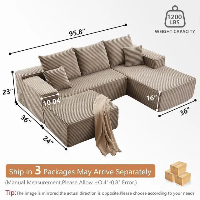 Alt view image 3 of 7 - 96" W Cloud Sectional Couch with Ottoman,Modern U-Shaped Cloud Couch with Deep Seat,Comfy Corduroy 3-Seater Sofa,Memory Foam Sofa for Living Room,No Assembly (Camel,Right-Facing Chaise)