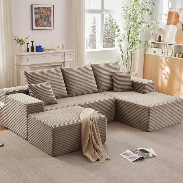 Alt view image 2 of 7 - 96" W Cloud Sectional Couch with Ottoman,Modern U-Shaped Cloud Couch with Deep Seat,Comfy Corduroy 3-Seater Sofa,Memory Foam Sofa for Living Room,No Assembly (Camel,Right-Facing Chaise)