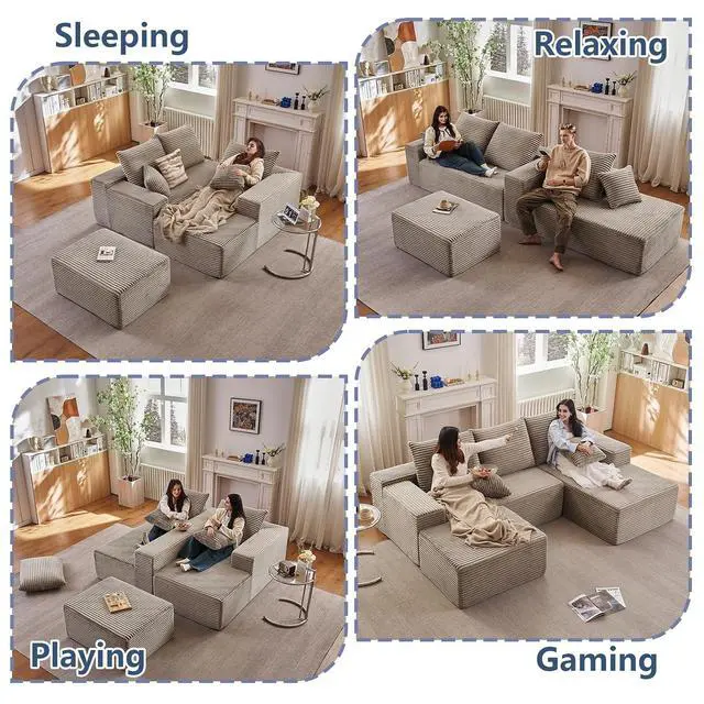 Alt view image 4 of 7 - 96" W Cloud Sectional Couch with Ottoman,Modern U-Shaped Cloud Couch with Deep Seat,Comfy Corduroy 3-Seater Sofa,Memory Foam Sofa for Living Room,No Assembly (Camel,Right-Facing Chaise)