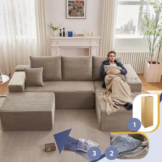 Alt view image 6 of 7 - 96" W Cloud Sectional Couch with Ottoman,Modern U-Shaped Cloud Couch with Deep Seat,Comfy Corduroy 3-Seater Sofa,Memory Foam Sofa for Living Room,No Assembly (Camel,Right-Facing Chaise)