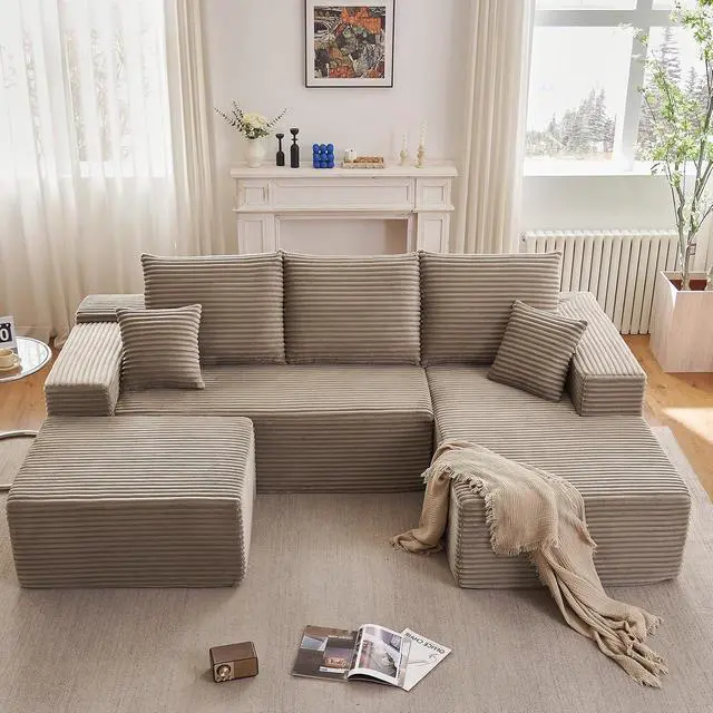 Alt view image 7 of 7 - 96" W Cloud Sectional Couch with Ottoman,Modern U-Shaped Cloud Couch with Deep Seat,Comfy Corduroy 3-Seater Sofa,Memory Foam Sofa for Living Room,No Assembly (Camel,Right-Facing Chaise)