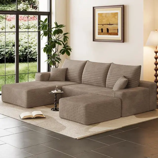 Main image of 95" Cloud Sectional Couch with Ottoman,Modern U-Shaped Cloud Couch with Deep Seat,Comfy Corduroy 3-Seater Sofa,Memory Foam Sofa for Living Room,No Assembly (Camel,Left-Facing Chaise)
