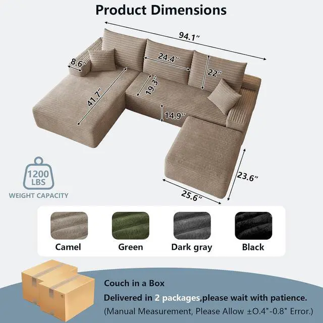 Alt view image 2 of 7 - 95" Cloud Sectional Couch with Ottoman,Modern U-Shaped Cloud Couch with Deep Seat,Comfy Corduroy 3-Seater Sofa,Memory Foam Sofa for Living Room,No Assembly (Camel,Left-Facing Chaise)