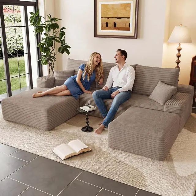 Alt view image 3 of 7 - 95" Cloud Sectional Couch with Ottoman,Modern U-Shaped Cloud Couch with Deep Seat,Comfy Corduroy 3-Seater Sofa,Memory Foam Sofa for Living Room,No Assembly (Camel,Left-Facing Chaise)