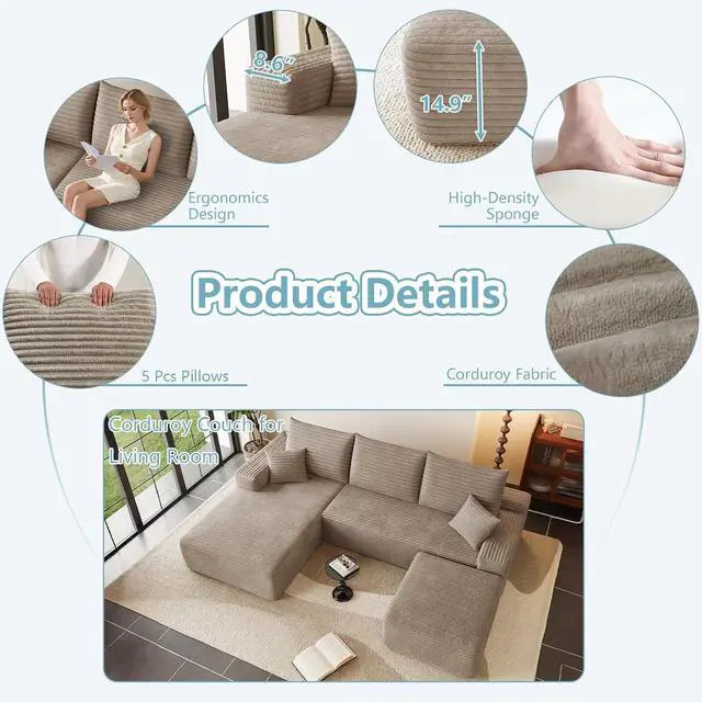 Alt view image 4 of 7 - 95" Cloud Sectional Couch with Ottoman,Modern U-Shaped Cloud Couch with Deep Seat,Comfy Corduroy 3-Seater Sofa,Memory Foam Sofa for Living Room,No Assembly (Camel,Left-Facing Chaise)