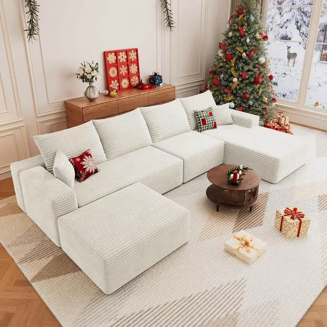 Main image of 136" U Shaped Cloud Sectional Couch with Fluffy Corduroy, Deep Memory Foam Seats Sofa with 1 Ottoman for Living Room, No Assembly Required(White,Right-Facing Chaise)