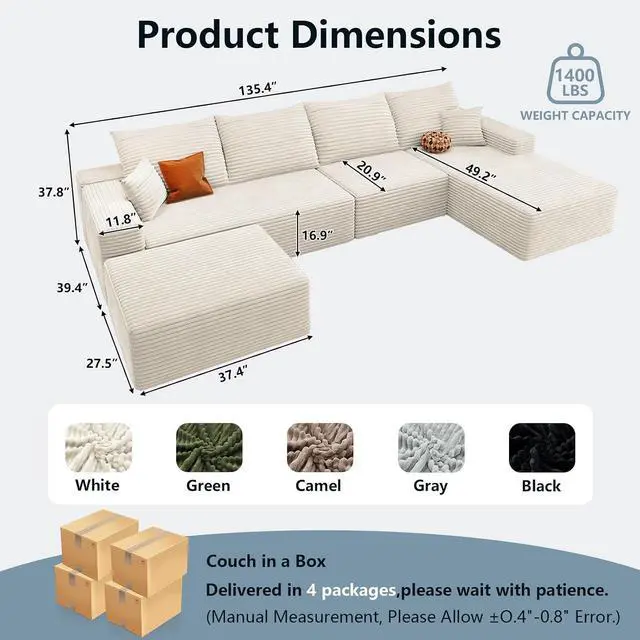 Alt view image 2 of 7 - 136" U Shaped Cloud Sectional Couch with Fluffy Corduroy, Deep Memory Foam Seats Sofa with 1 Ottoman for Living Room, No Assembly Required(White,Right-Facing Chaise)