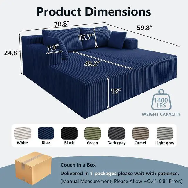 Alt view image 2 of 7 - 71" Oversized Chaise Lounge Chair,Sectional Double Lounge Chaise with Pillows, Upholstered Corduroy Boneless Lounge Chair, Fluffy Modern Loveseat Sleeper Sofa for Living Room or Bedroom(Blue)