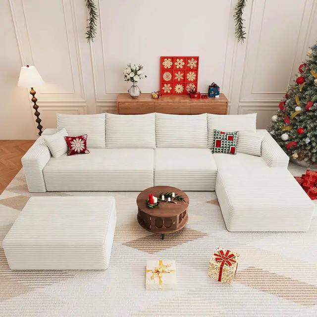 Alt view image 5 of 7 - 136" U Shaped Cloud Sectional Couch with Fluffy Corduroy, Deep Memory Foam Seats Sofa with 1 Ottoman for Living Room, No Assembly Required(White,Right-Facing Chaise)